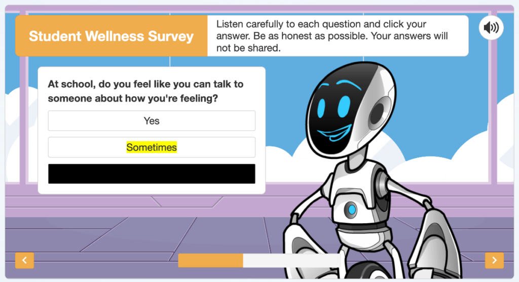 A survey includes age-appropriate accommodations, notably autoplay audio of instructions and questions, masking, and synchronized highlighting.