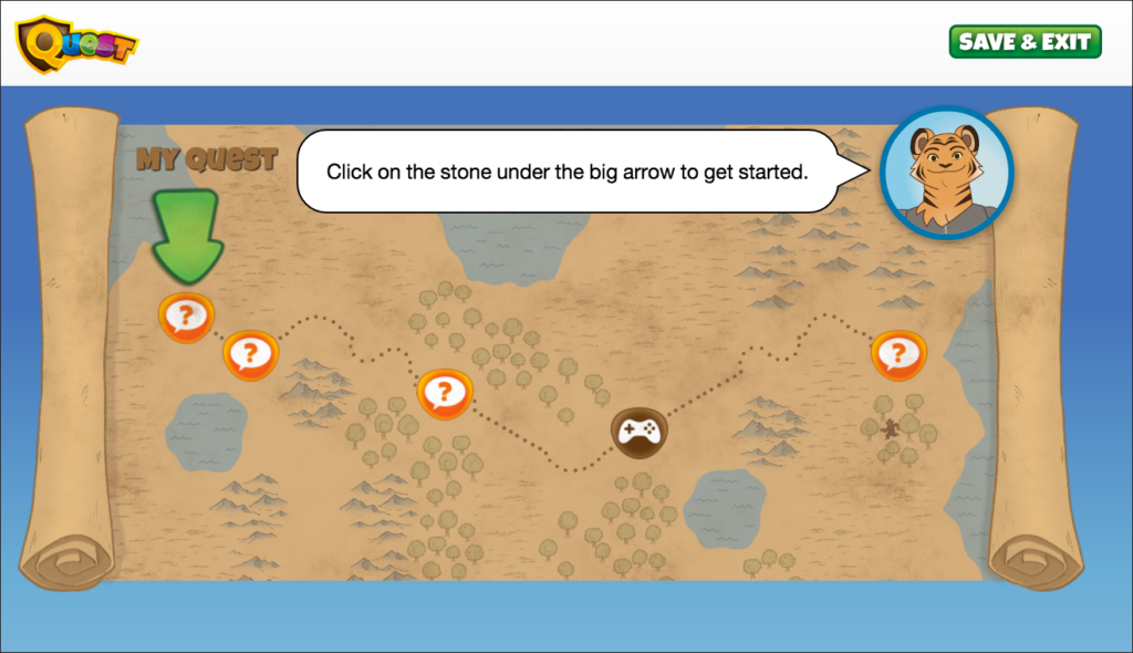 A treasure map shows the steps in a survey, with a character assistant guiding children along the way.