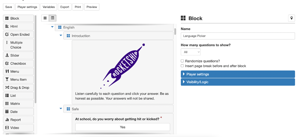 The Quest builder shows the ability to drag and drop elements to create a survey.