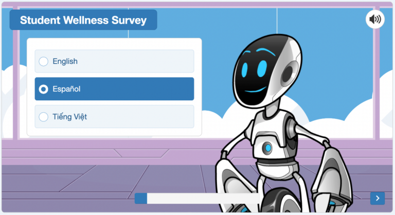 A survey asks a child to choose the language for subsequent questions.